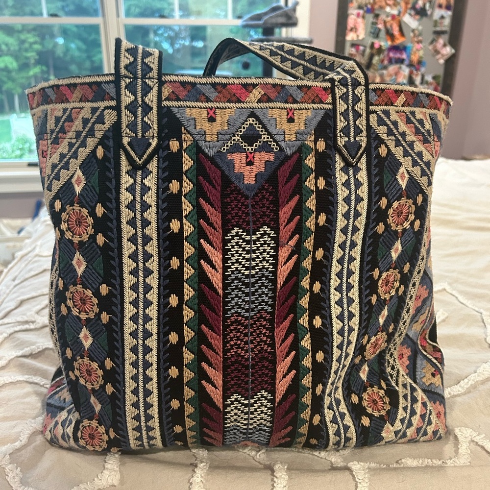 Johnny Was Multicolor Embroidered Tapestry Tote - Black, Red, Green, Blue, Cream
